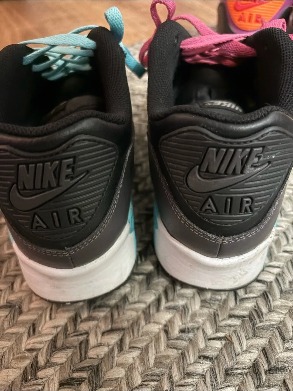 Nike air max 90s size 7 youth Black Sneakers with Pink and Light Blue Laces